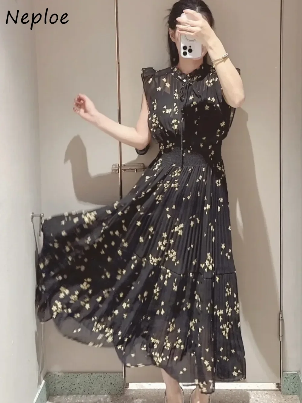

Neploe Fresh Mid-length Print High Waist Robe New Gentle Literary Lace Up Pleated Slim Exquisite Mujer Japan New Elegant Dress