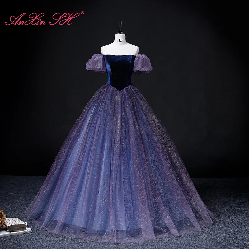 

Вечернее платье AnXin SH фиолетового цвета из велюра с блестящим кружевом, вырезом-лодочкой, пышными рукавами, в стиле принцессы, для вечеринок, с фиолетовой шнуровкой, на заказ