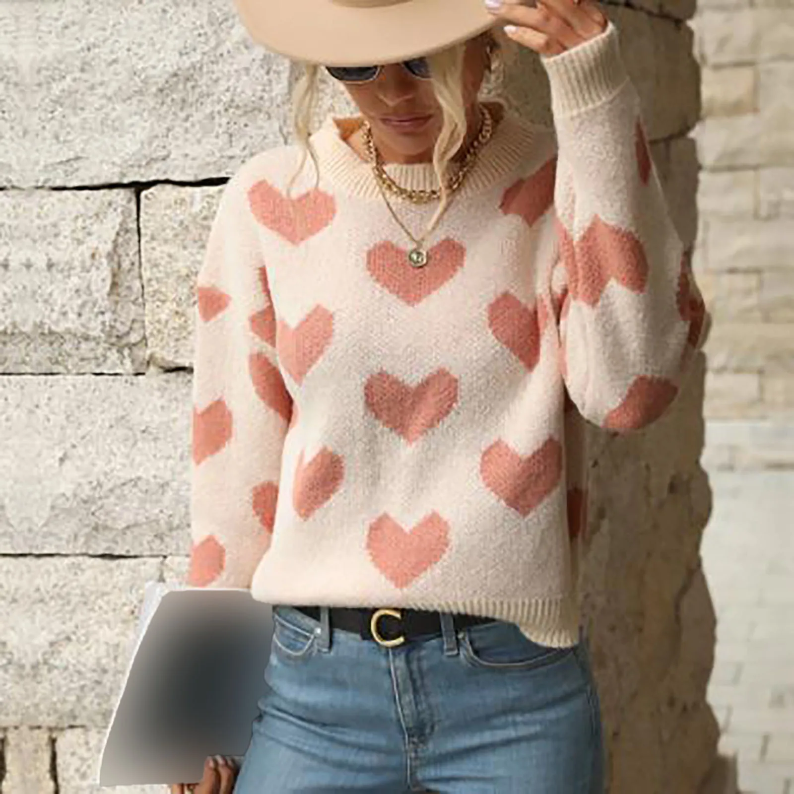 

Women's Loose Sweater Valentine's Day Clothes Heart Pattern Long Sleeve Round Neck Knit Pullover Tops Casual Knitwear 2024