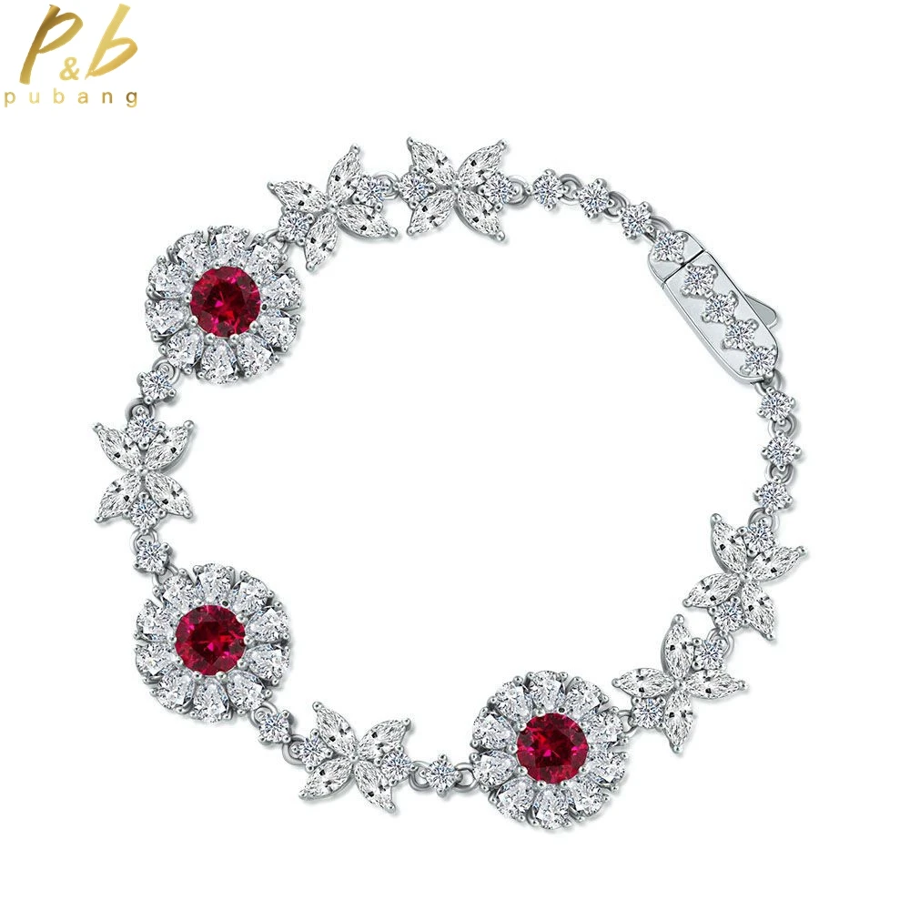 

PuBang Fine Jewelry Solid 925 Sterling Silver Bracelet Ruby/Blue Gem Created Moissanite for Women Anniversary Gift Drop Shipping