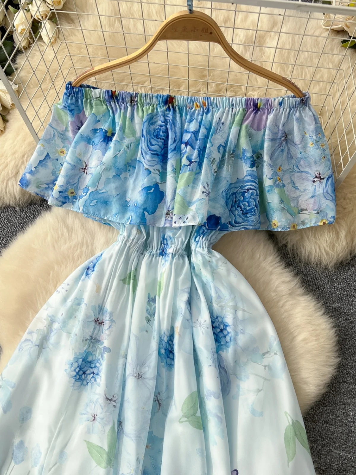 Ele Langer Rock Damen One-Shoulder-Chiffon Dr Hohe Taille A-Linie Midi Dr Frühling Pendeln Sle Blumendruck gerafft...