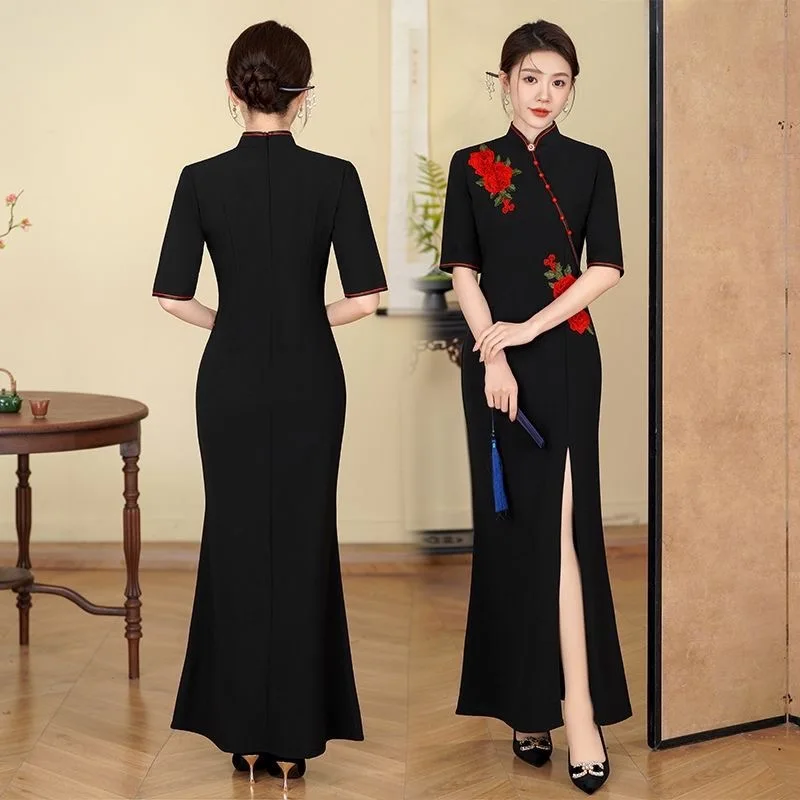 

Woman Traditional Banquet Evening Party Aodai Dress Flower Embroidery Stage Performance Dance Cheongsam