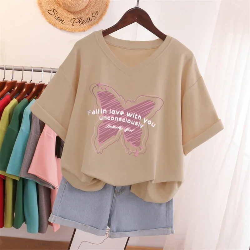 EBAIHUI 100% Cotton Plus Size L-5XL T Shirt Print Short Sleeve Tshirt Women's Top Summer Couple V Neck Oversized T Shirts