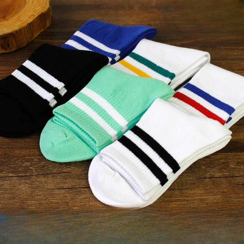 Summer Couple Sports Socks Men's and Women's Solid Color Pure Cotton Breathable Rare Medium Length Socks Two Bar Short Socks