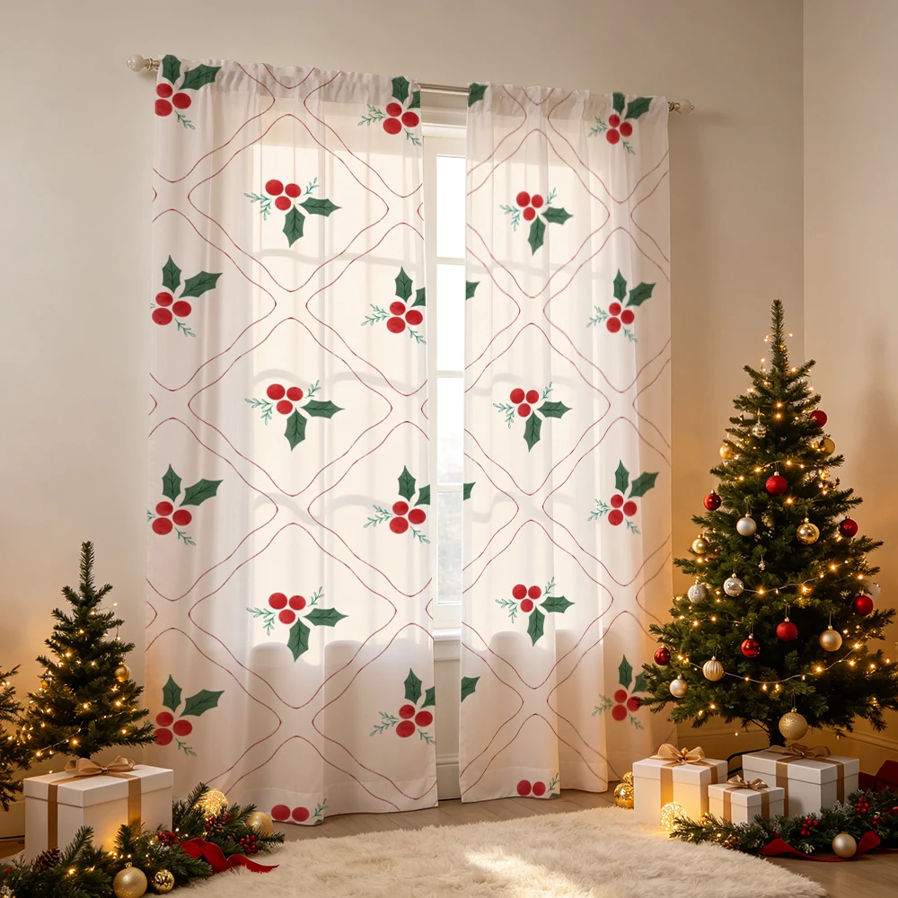 2PCS Christmas Curtains, Holly leaves red berries Print, Bedroom Living Room Window Drapes, Rod Pocket Polyester, Home Decor