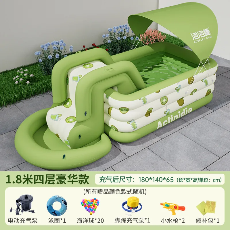 4-lagiger aufblasbarer Kinderpool mit Rutsche und Sonnenschirm, Wasserspielspielzeug für zu Hause