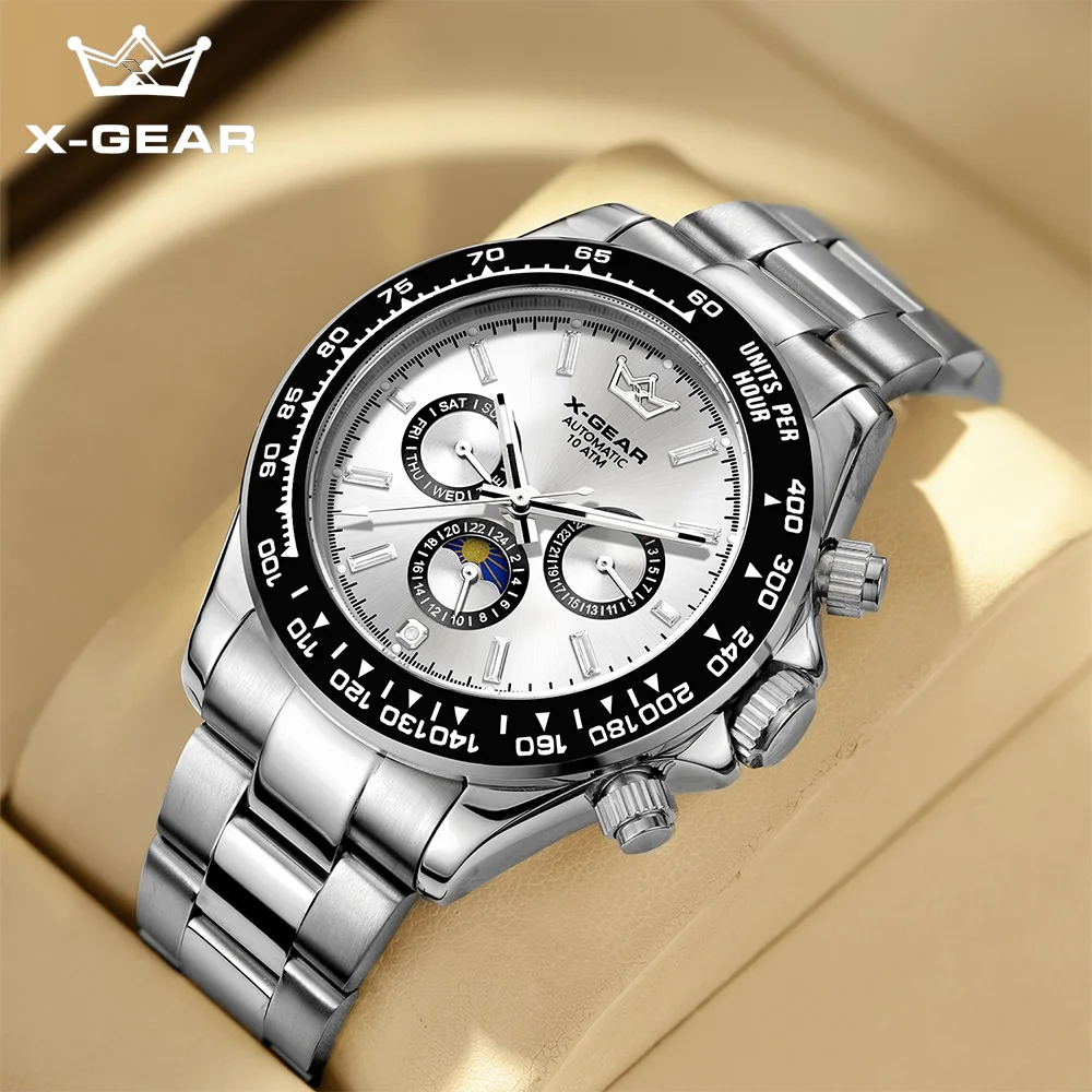 X-GEAR New Luxury Men's Watch Chronograph Automatic Mechanical Wristwatch Waterproof Luminous Top Brand Watch for Man Date Sport