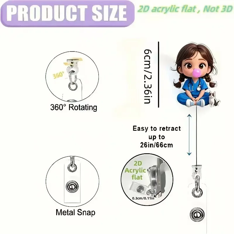 1pc Cute Nurse Retractable Badge Reel Acrylic ID Holder Clip for Hospital Office School Staff