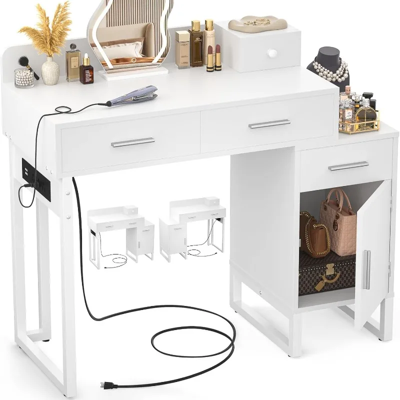 Vanity Desk with 4 Storage Drawers - Modern Makeup Vanity Table with Charging Station, White Vanity Desk with Reversible Cabinet