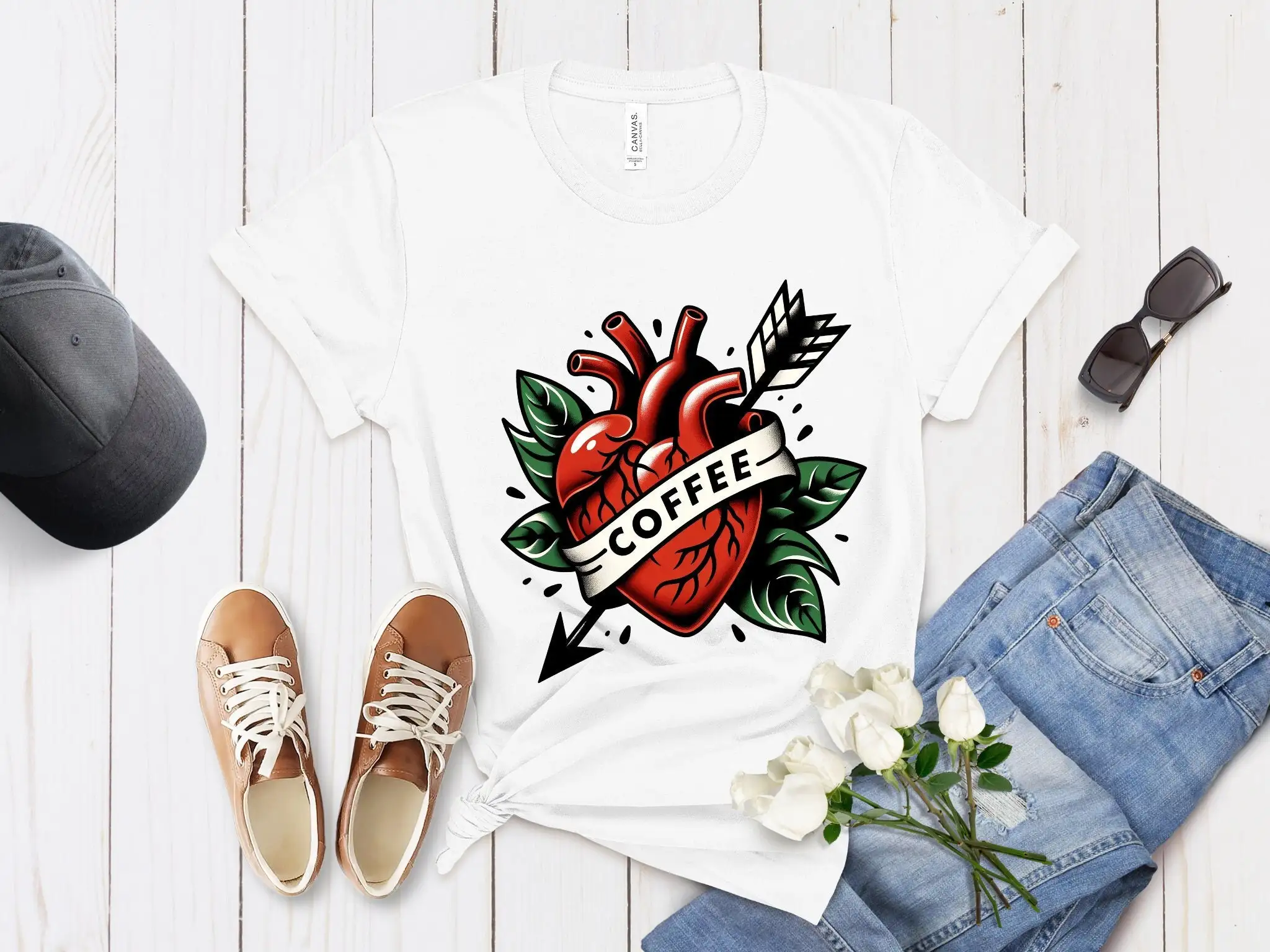 Valentine's Day Coffee Lovers T Shirt Heart Green Leaves Arrow Perfect for Him and Her Casual Wear Eco Friendly