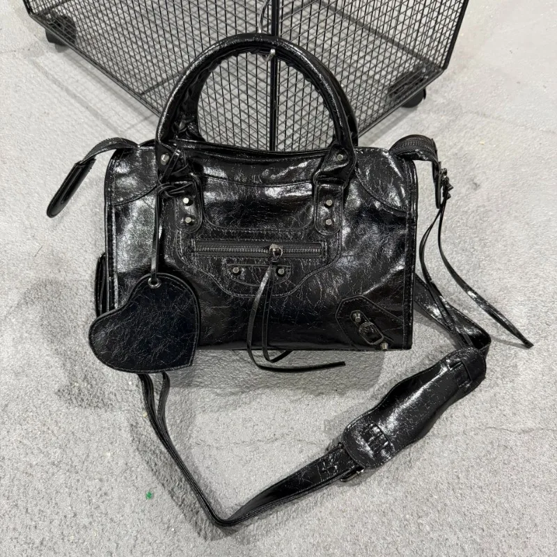 Vintage Black Crinkled PU Leather Pillow Bag Women Studded Motorcycle Tote Handbag With Mirror Pendant Tassel Shoulder Purses