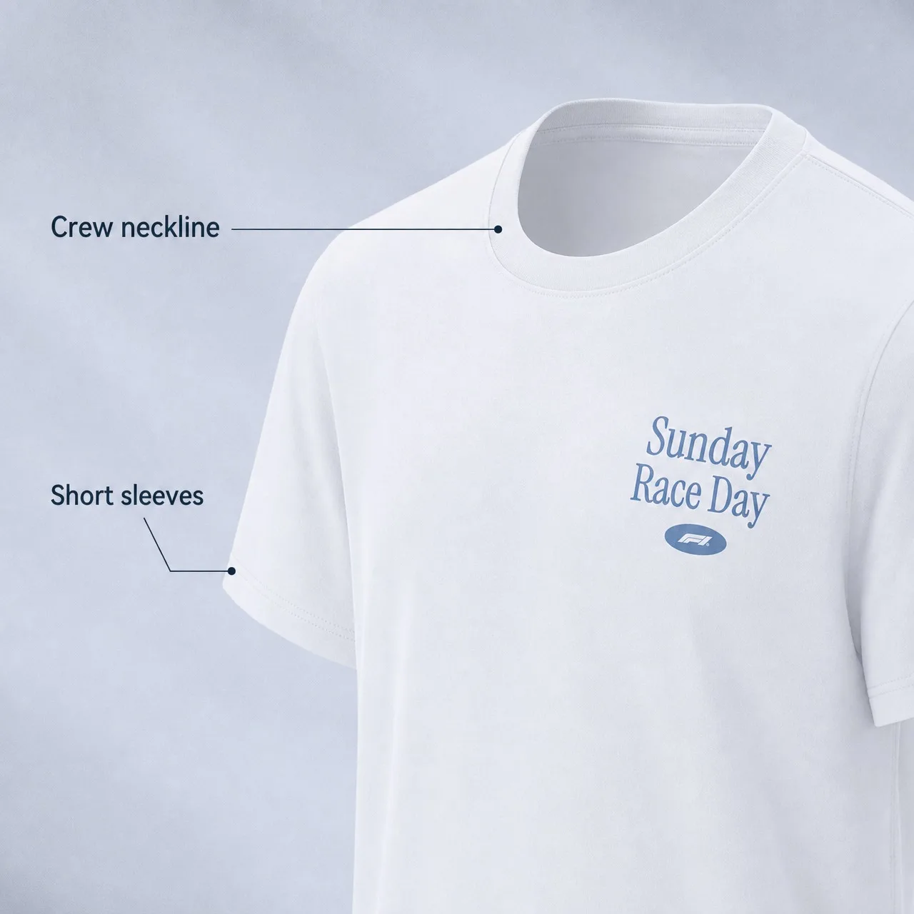 Classic F1 Sunday Race Day T‑Shirt Men White Short Sleeve Crew Neck Retro Tire Wheel Pattern Front And Back Print Racing Fan Top