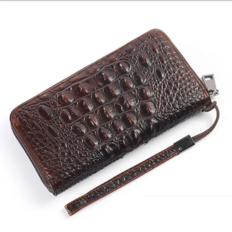 YH3077 Men's long zipper portable wallet with genuine leather embossed crocodile pattern leather handbag