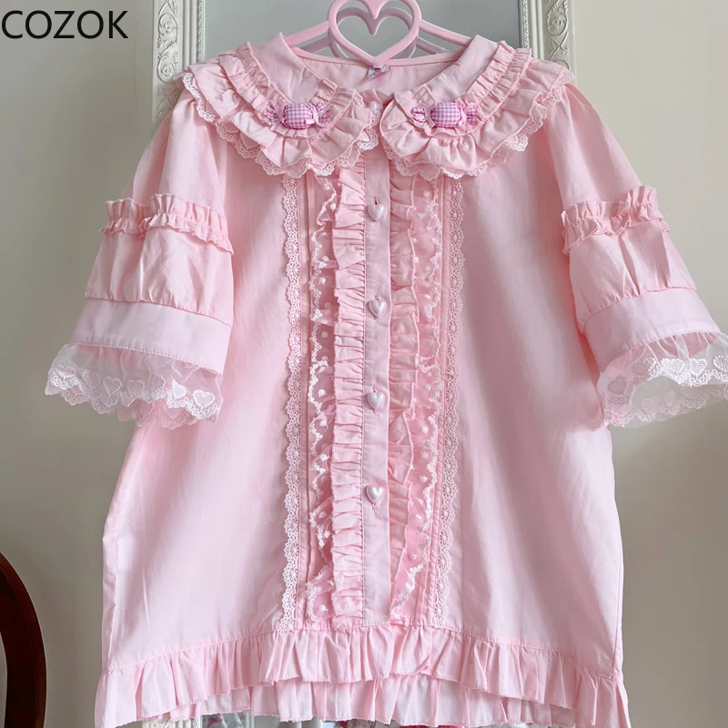 Japanese Mori Girl Lolita Blouse Sweet Peter Pan Collar Pink Candy Kawaii Princess JK Shirt Women Cute Ruffles Lace Blusas Mujer