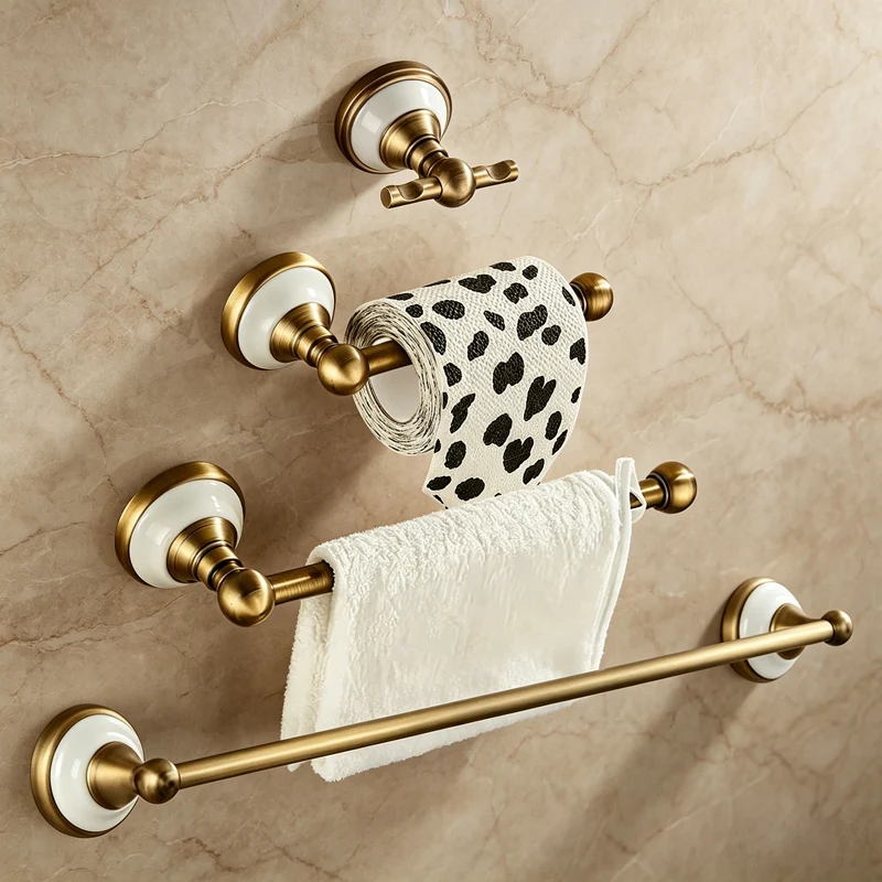 Antique Brushed Solid Brass Bathroom Set - European Porcelain & Ceramic Retro Hardware Accessories