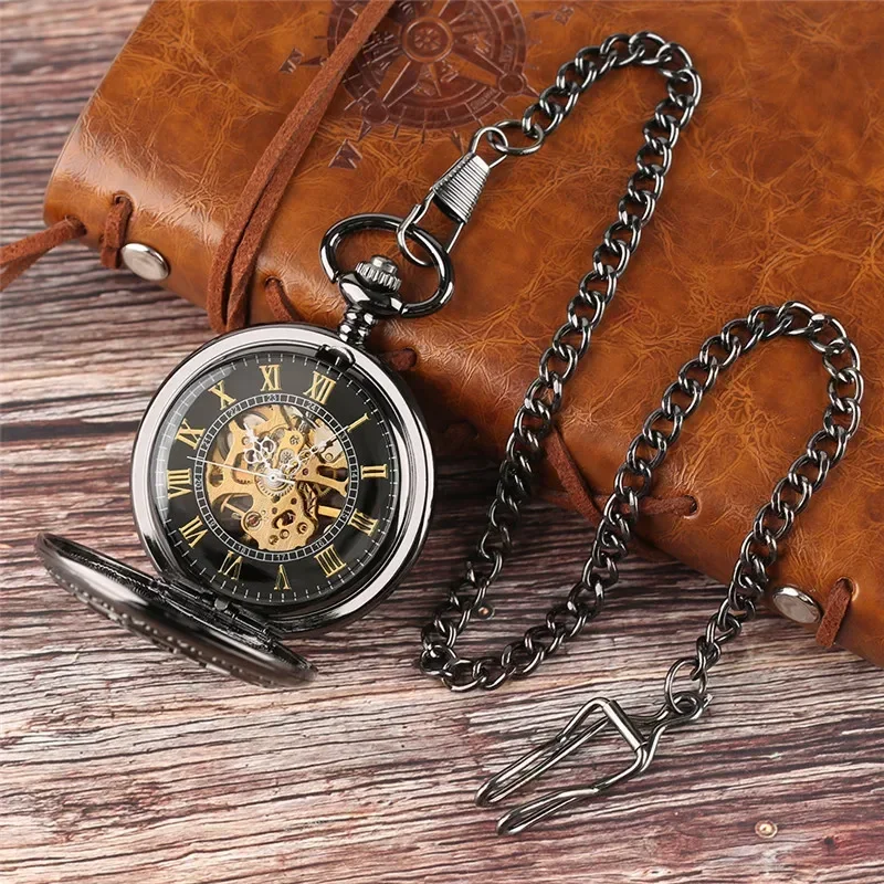 Steampunk Full Black Pocket Watch Unisex Skeleton Handwinding Mechanical Watches with Pendant Chain Roman Number Clock Gift
