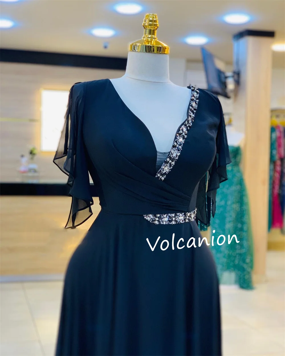 Customized Chiffon Sequined Pleat A-line V-neck Midi Dresses Bespoke Occasion Prom Classic Simple Sizes Available