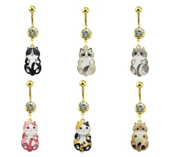 Body Piercing Jewelry Cute Cat Stainless Steel Button Rings for Women Belly Piercing Navel Rings Gold Color Crystal Gem