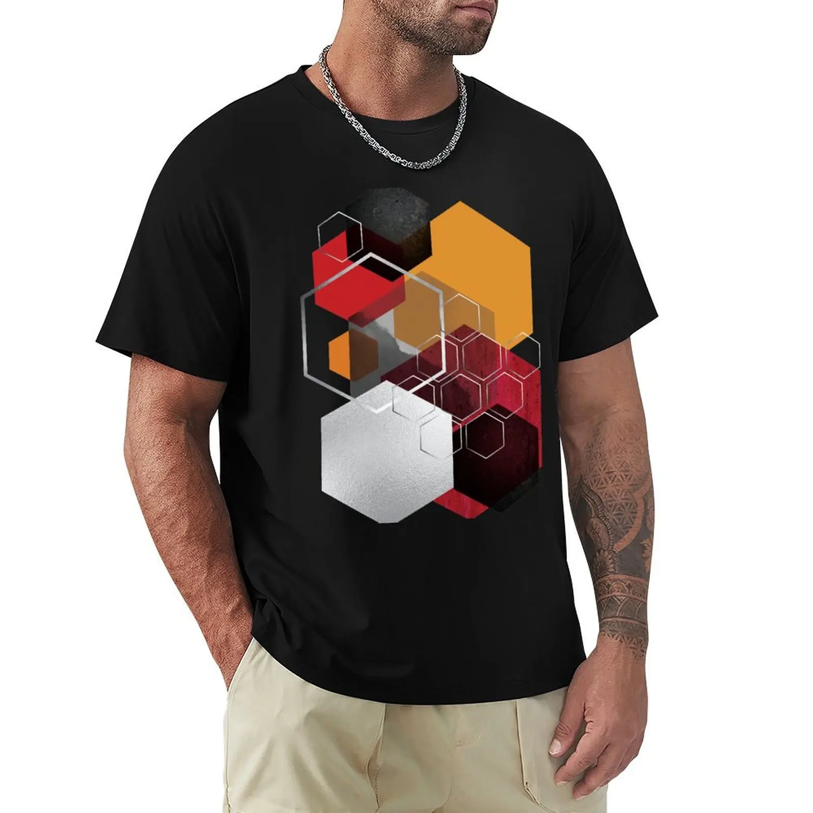 Red and Orange Hexagonal Geometric T-Shirt Active Sports Short Sleeve Cotton Shirt