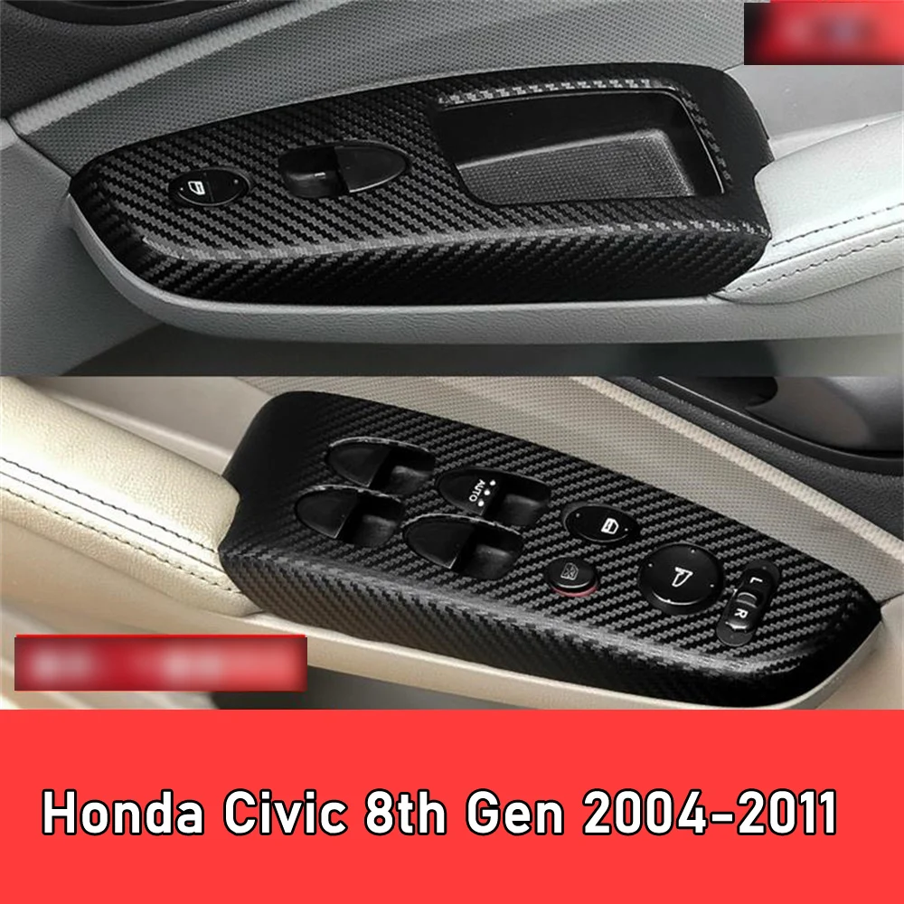 Car Styling Black Carbon Decal Car Window Lift Button Switch Panel Cover Trim Sticker 4 Pcs/Set Honda Civic 8th Gen 2004-2011