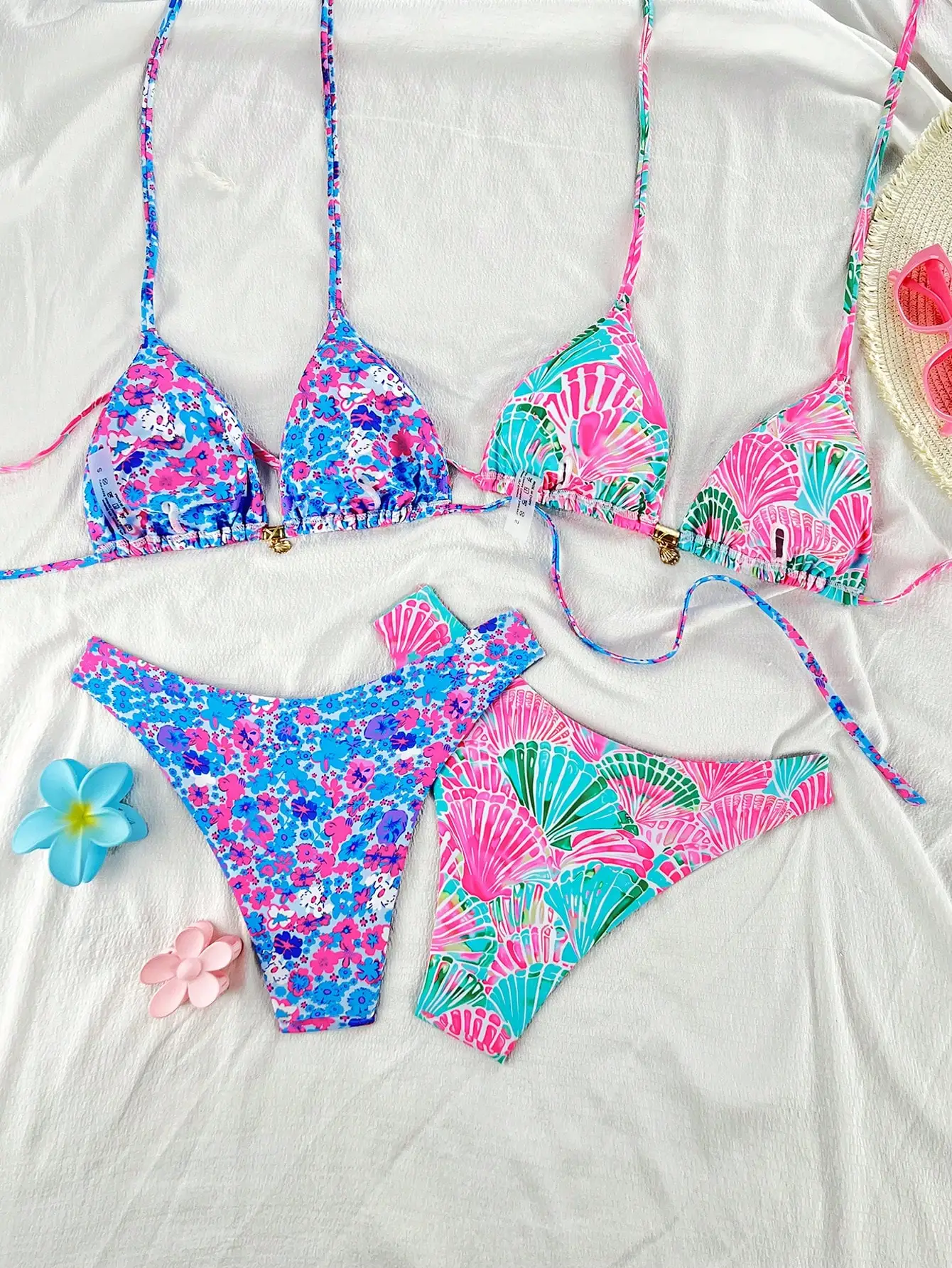 

Комплект из 4 предметов: купальник-бикини с цветочным принтом и принтом ракушек, с завязками по бокам, для женщин, для пляжного отдыха