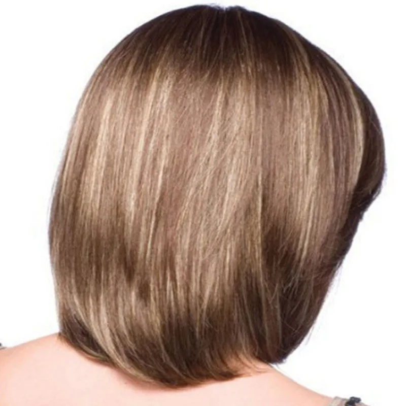 ブラウングラデーションカラーウィッグ レディース ボボスタイル ミドルパート ショート＆ロング斜め前髪 ショートストレートヘア