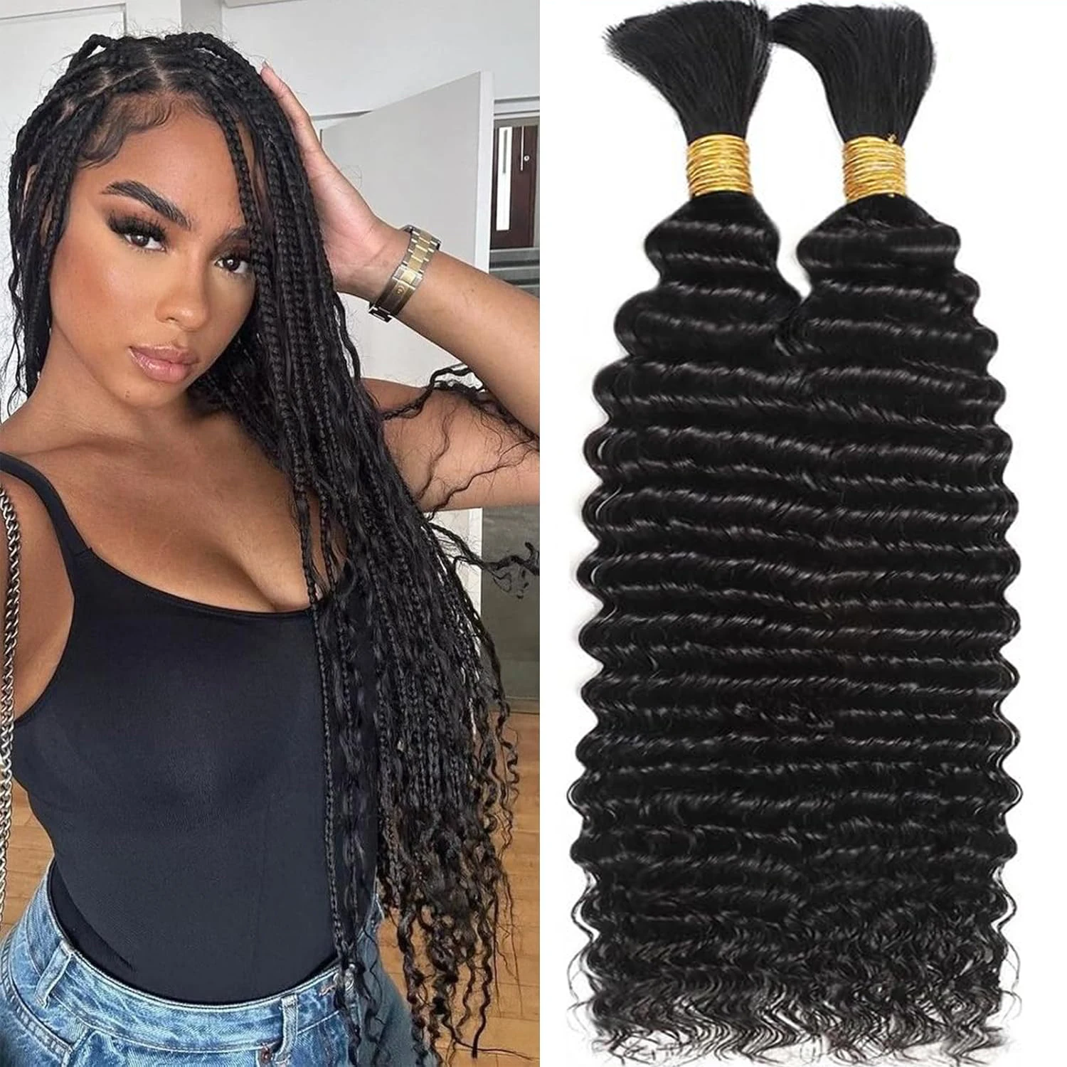 

Black Sleek Deep Wave Curly Bulk Hair Premium Human Hair Ideal Choice For Daily Braided Hairstyle Curly Hair Bulk Extensions