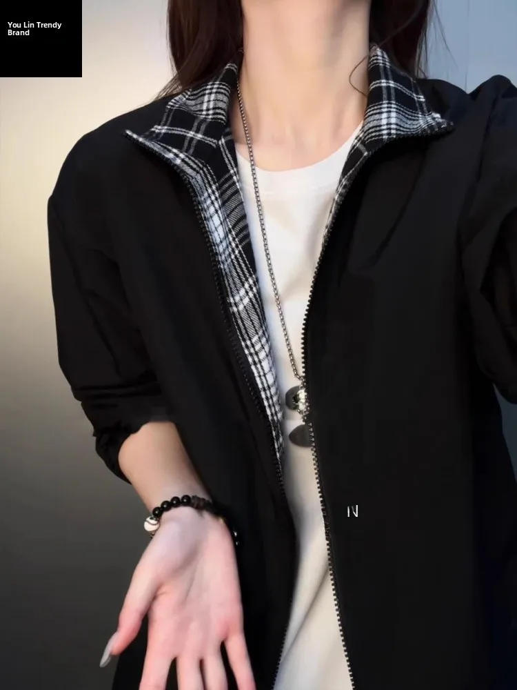 

Мужская куртка в клетку с контрастными вставками, весенняя, в американском стиле, с отложным воротником, для пар, бейсбольная, приталенная, молодежная, модная