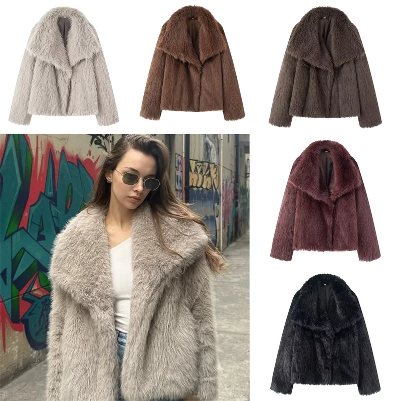 

Women's Jacket 2025 Winter New Arrivals Solid Color Long-Sleeve Faux Fur Simple Warm Coat Elegant and Stylish