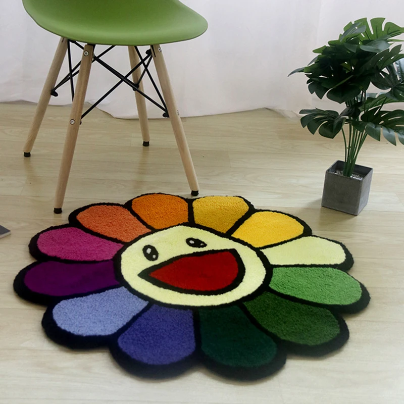 Cartoon Sunflower Round  Mats Handmake Embroidery Soft Rugs Smile Flower Carpet Children AntI-Slip Floor Mats Children Kids Gift