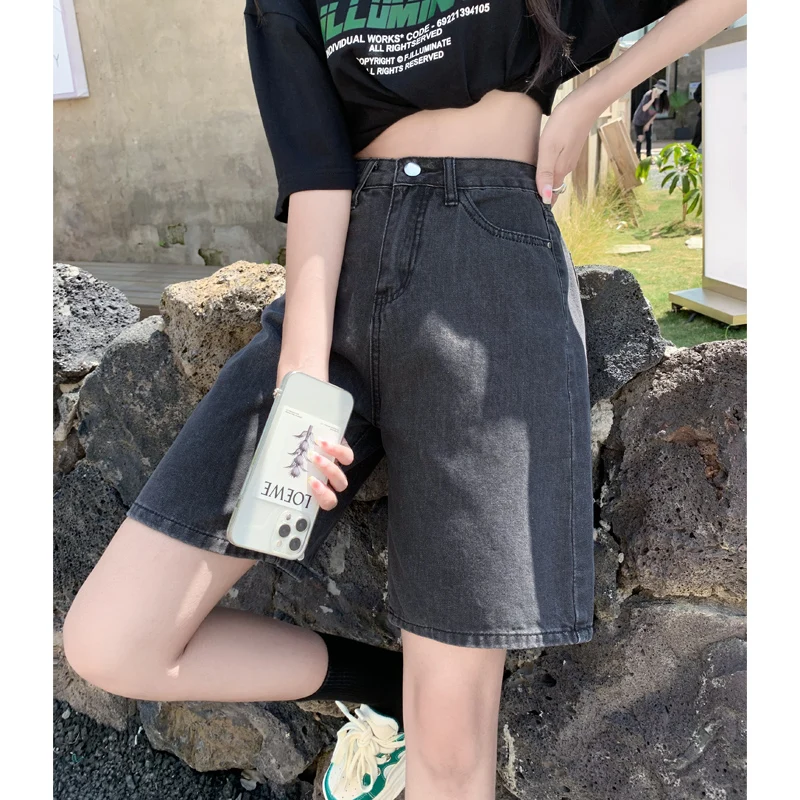 

Женские джинсы свободного кроя с высокой талией, летние прямые брюки с широкими штанинами, брюки пять четвертей, модные утягивающие брюки глубокого цвета, устойчивые к...