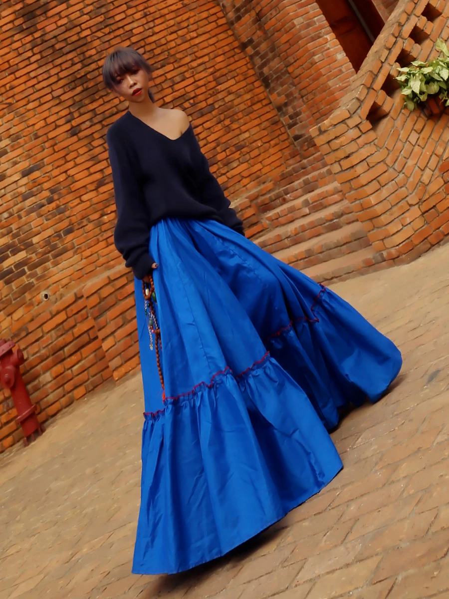 TIYIHAILEY Long Maxi Women Cotton Skirts New Fashion Elastic High Waist 2025 New Vintage Ladeis Skirts Blue Big Hem Autumn