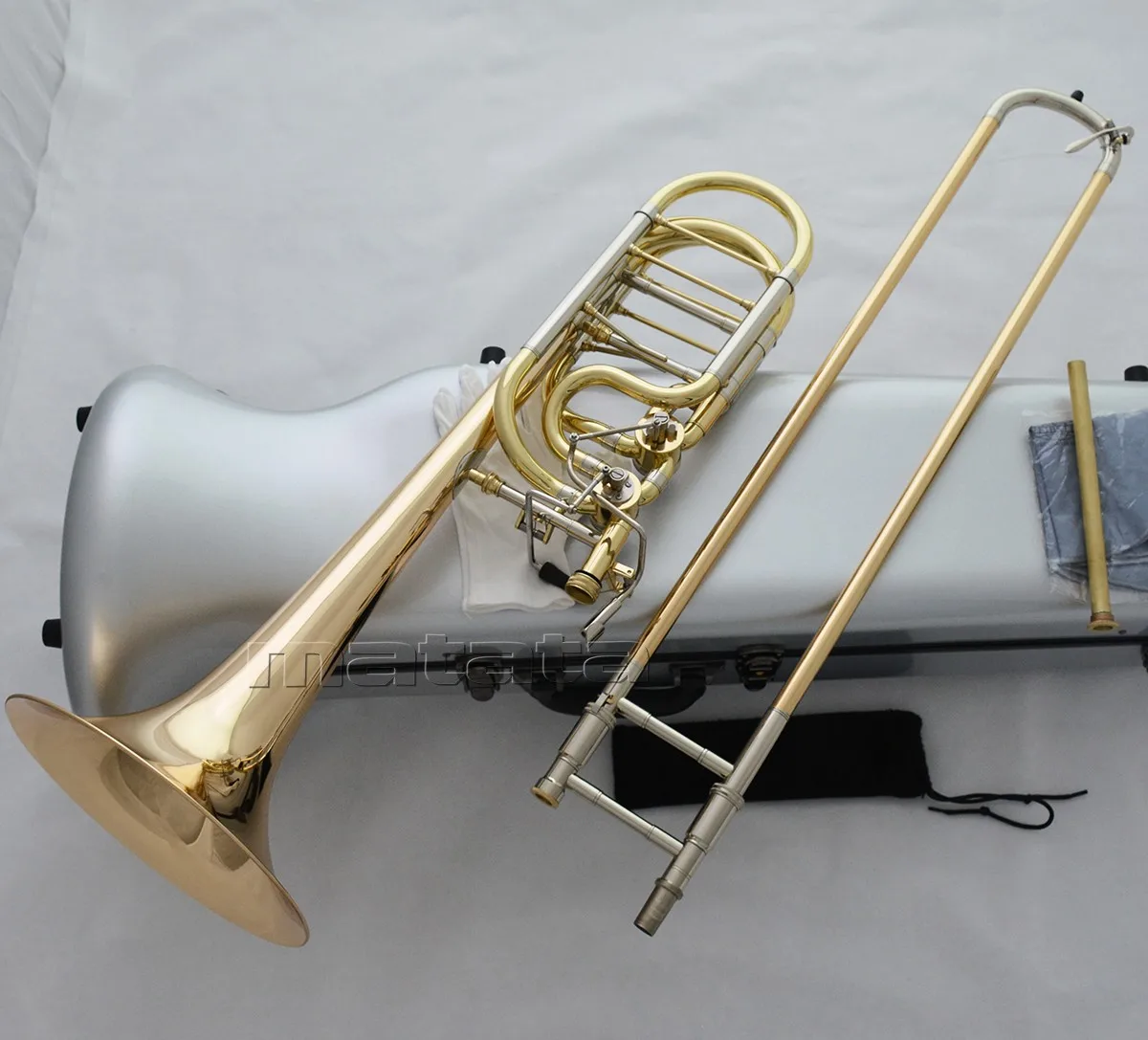 Fast Ship Professional Gold Brass Bass Trombone Double Rotor Detachable Bell Hard Case