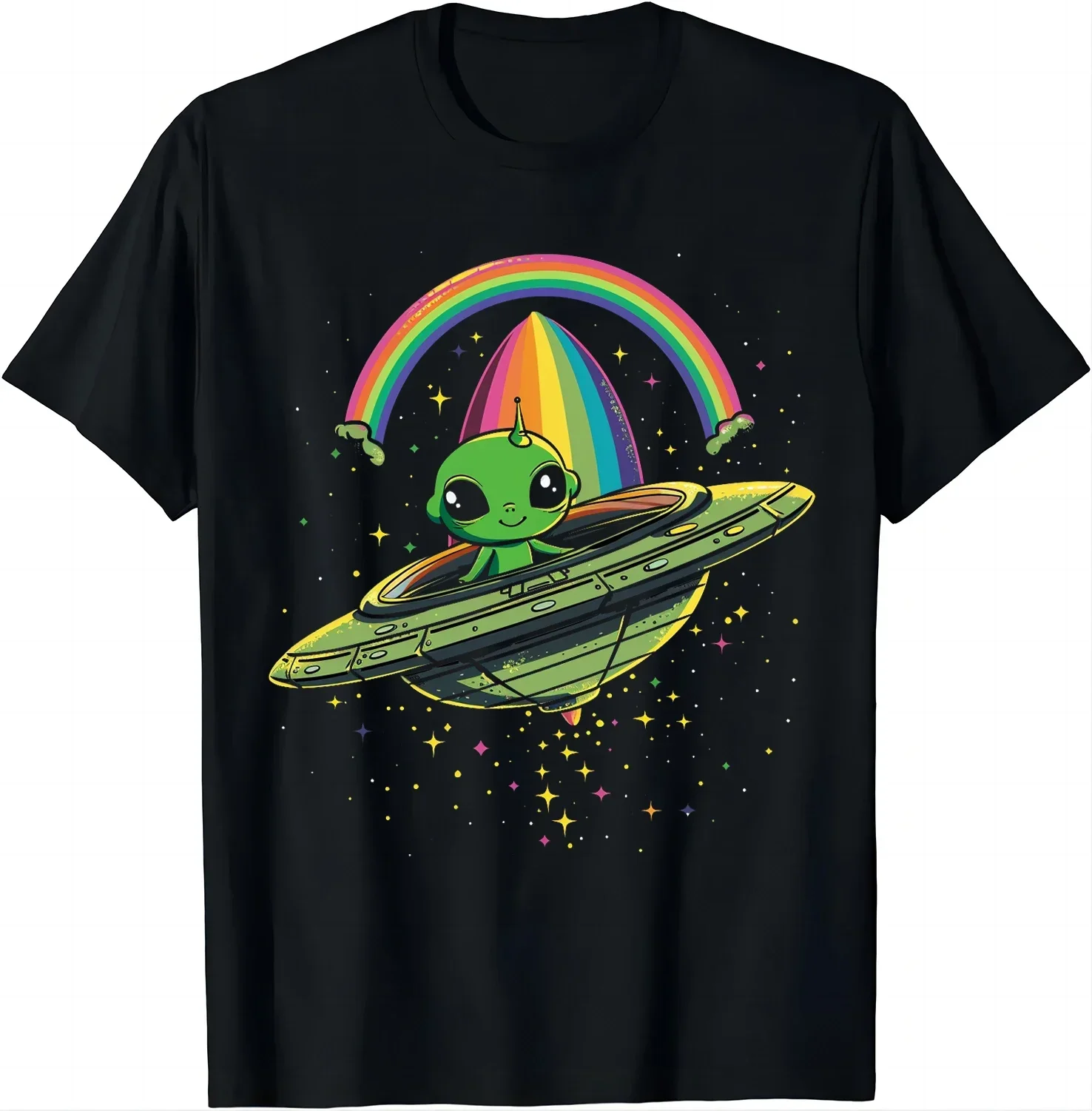 

Cute Alien UFO Rainbow Space Graphic Tee Breathable Cotton Short Sleeve Round Neck T-Shirt