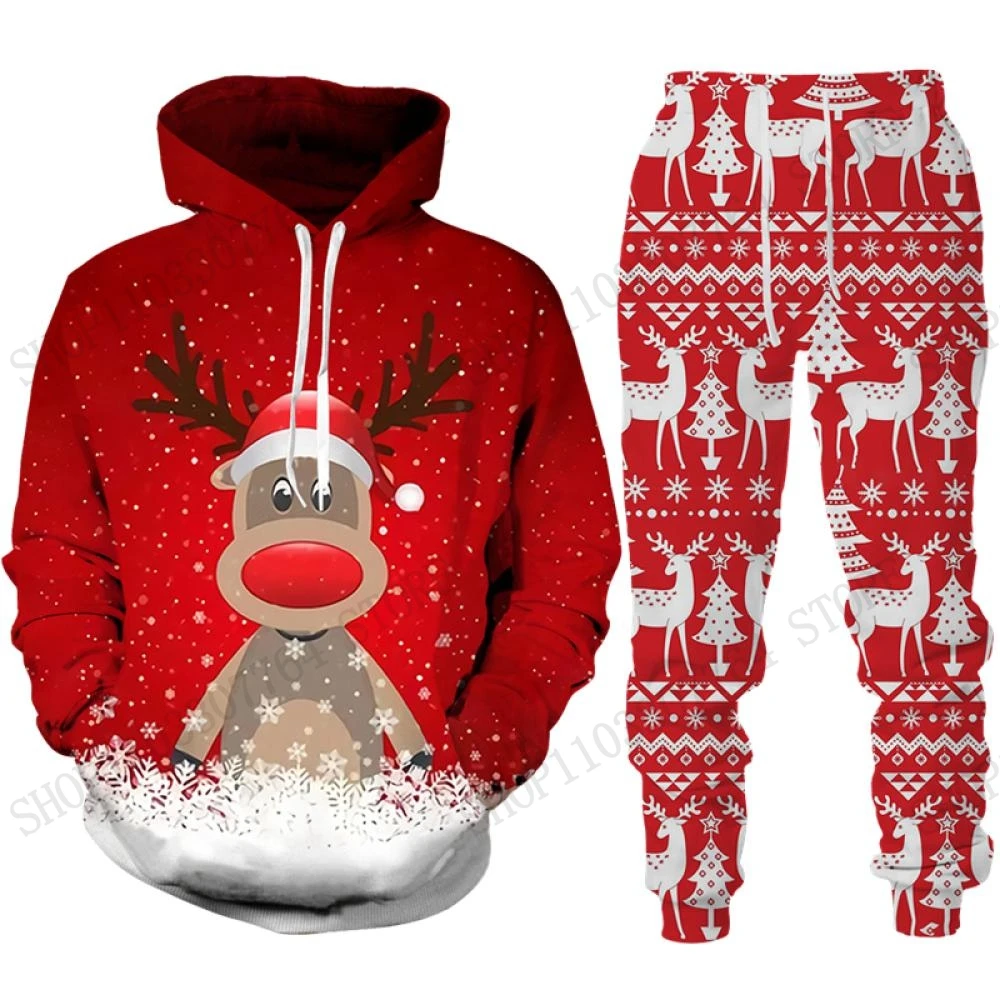 Conjunto de Sudadera con Capucha y Pantalones con Estampado 3D de Reno y Alce para Navidad, Conjunto de 2 Piezas de Moda para Hombre y Mujer, Ropa Deportiva, Traje Deportivo