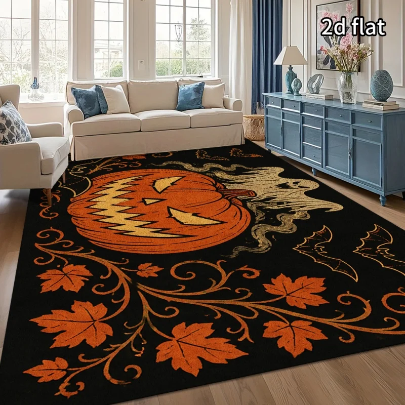 Pumpkin Ghost Maple Leaf Halloween Area Rug, Retro Spooky Floor Carpet, Indoor Living Room Home Decor Rug
