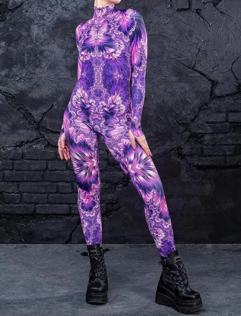 Macacão Zentai Geometria Abstrata para Mulheres, Bodysuit CyberPunk, Traje de Carnaval, Festa de Halloween, Fato Zentai Colorido