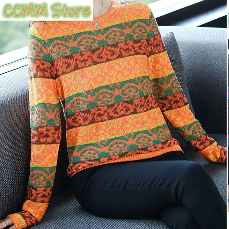 

Stylish Vintage Striped Knitted Jumpers Autumn Winter Contrasting Colors Casual Loose Women's Clothing Korean Spliced Sweaters