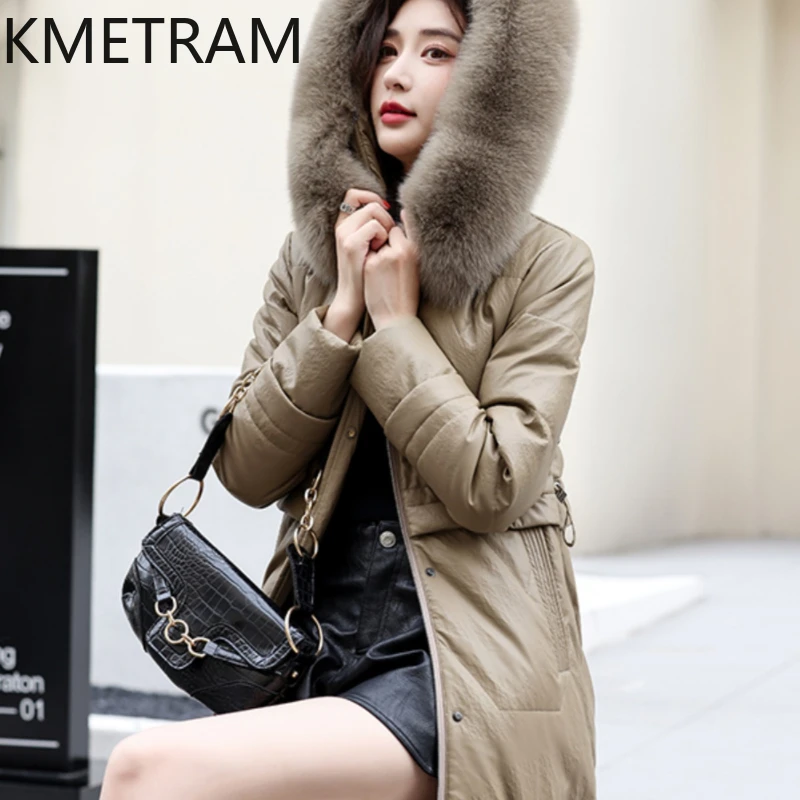 KMETRAM Winter Genuine Leather Coats for Womens Sheepskin Down Jacket 90% White Duck Down Fox Fur Collar Slim Fit Casaco Inverno