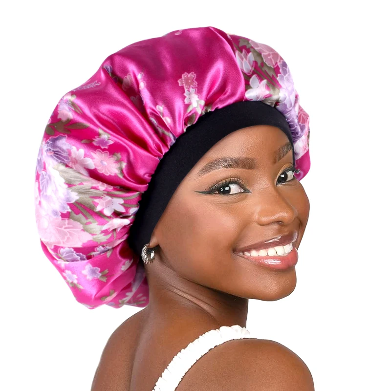 Women Satin Bonnet Elastic Wide Band Floral Printing Night Sleep Hat Hair Loss Head Wrap Chemo Hair Care Shower Makeup Cap