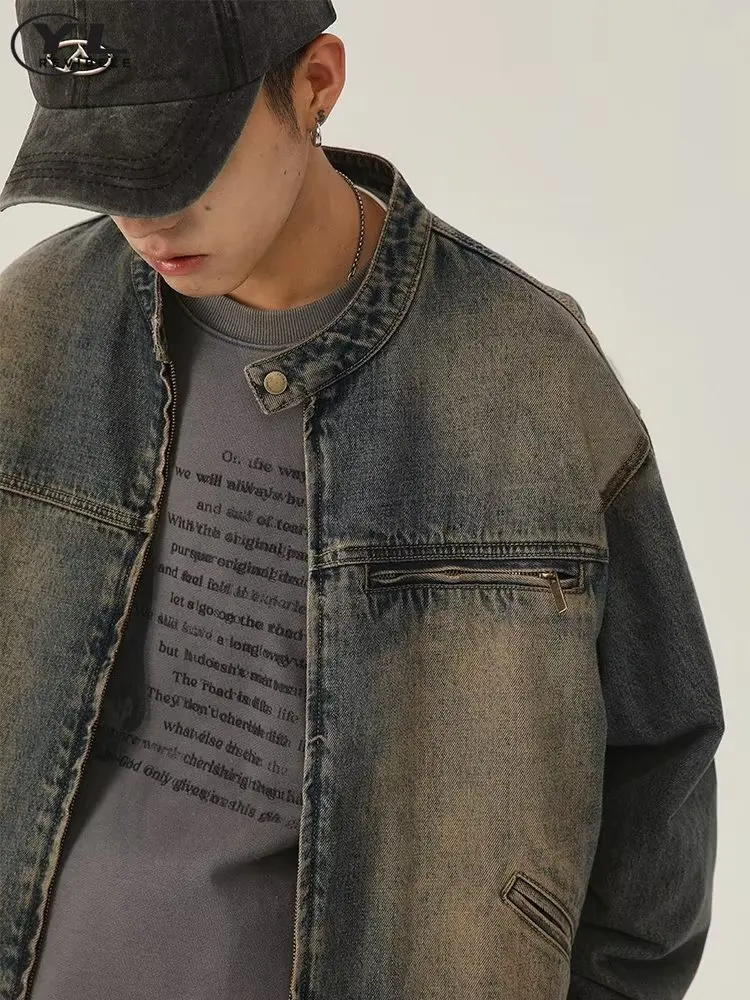 Stand Collar Denim Jacket Men Women Blue Distressed Wash High Street Cowboy Coats Casual Loose Spring Retro Zipper Outwear New