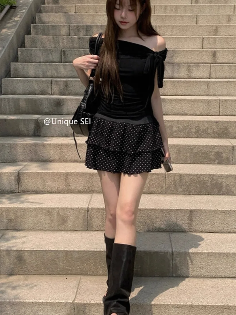 Estate Unico SEI Coreano Sle Tie oulder One-oulder ort-Sve T-shirt Top Slim Gonna a pois Donna Abbigliamento casual