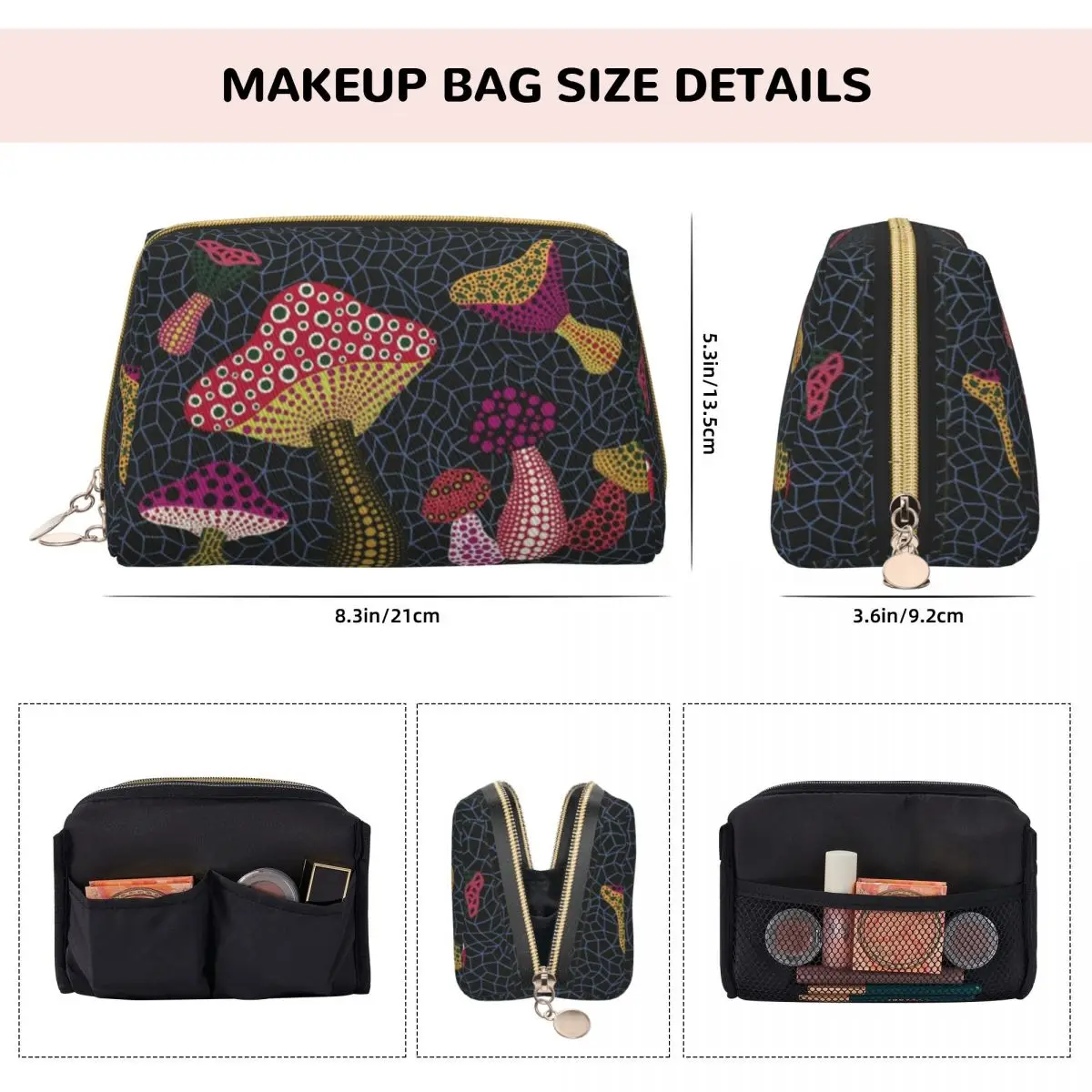 Yayoi Kusama Mushroom Makeup Bags Stylish Large Capacity Toiletry Storage Bag Accessories Women Zipper Toiletry Case