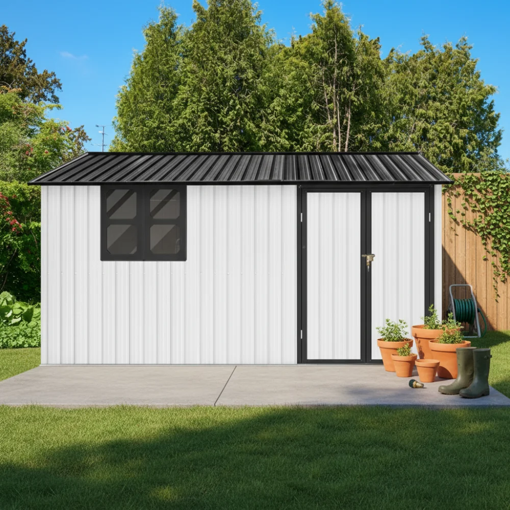 

12x10ft Metal garden sheds outdoor storage sheds white+black with window with Goods Shelves