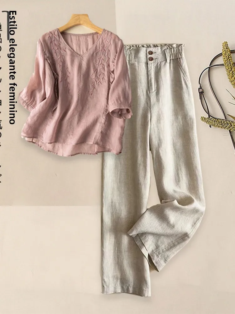 

Casual Cotton Linen Set Women Summer Thin Short Sleeve Shirt Top Wide Leg Pants New Chinese Style Linen Two Piece Set