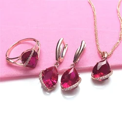 585 Purple Gold 14k Rose Gold shiny Ruby water droplets charm elegant luxuryearrings for women ring necklace jewelry sets