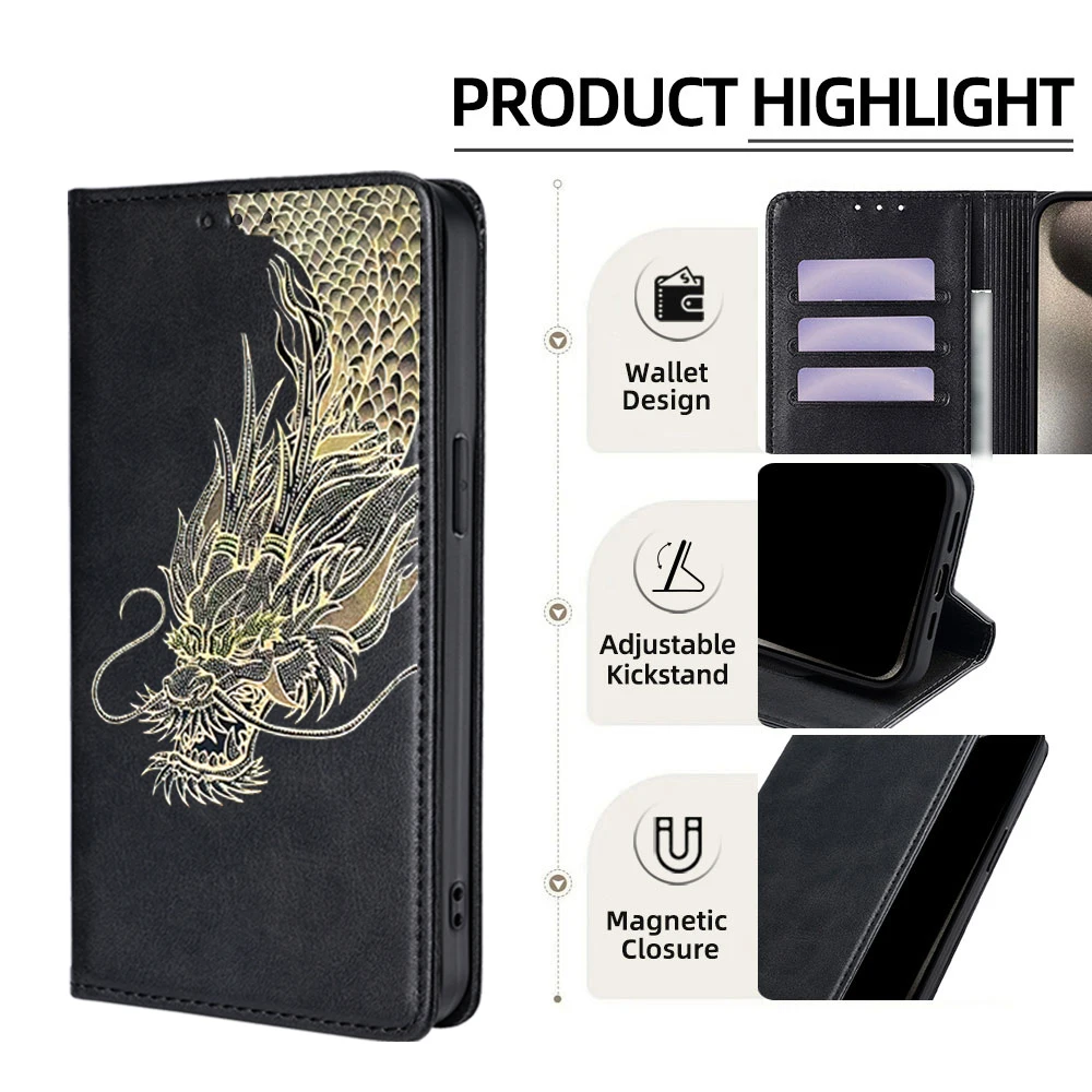 Business Wallet Magnetic Flip Case For Xiaomi Poco C85 C75 C71 C61 C65 C51 C50 Protective Cover Dragon Pattern Leather Case