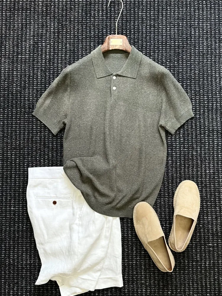 Business Men Summer Work Breathable Linen Knitted Tops Short Sleeve Lapel Collar Comfortable Tees Tops Solid Colors Streetwear