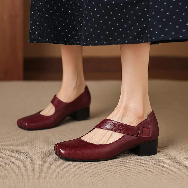 2026 new spring autumn women pumps natural leather 22-25cm soft sheepskin square toe strap high heel women shoes fashion loafers