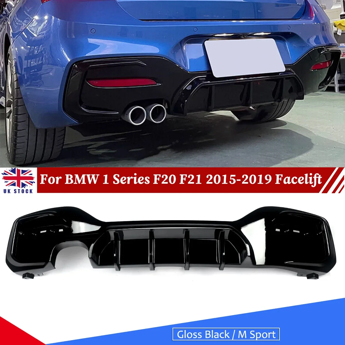 Dyfuzor tylnego zderzaka do BMW serii 1 F20 F21 M Sport 125i LCI 2015-2019 Czarny błyszczący tylny spojler wargowy Pojedynczy i podwójny wydech — zdjęcie 3